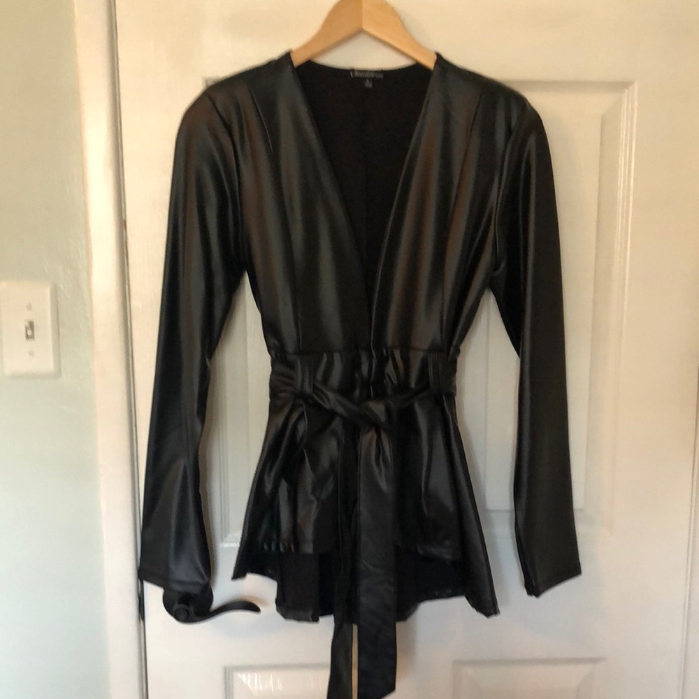 Black Faux Leather Jacket with Belt